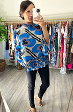 Load image into Gallery viewer, Petola peplum blouse. Ruffle high neck detailing, ruffle hemline with drop waist and bell sleeves. Back zipper closure. Silk.  Fits roomy, wearing size small.
