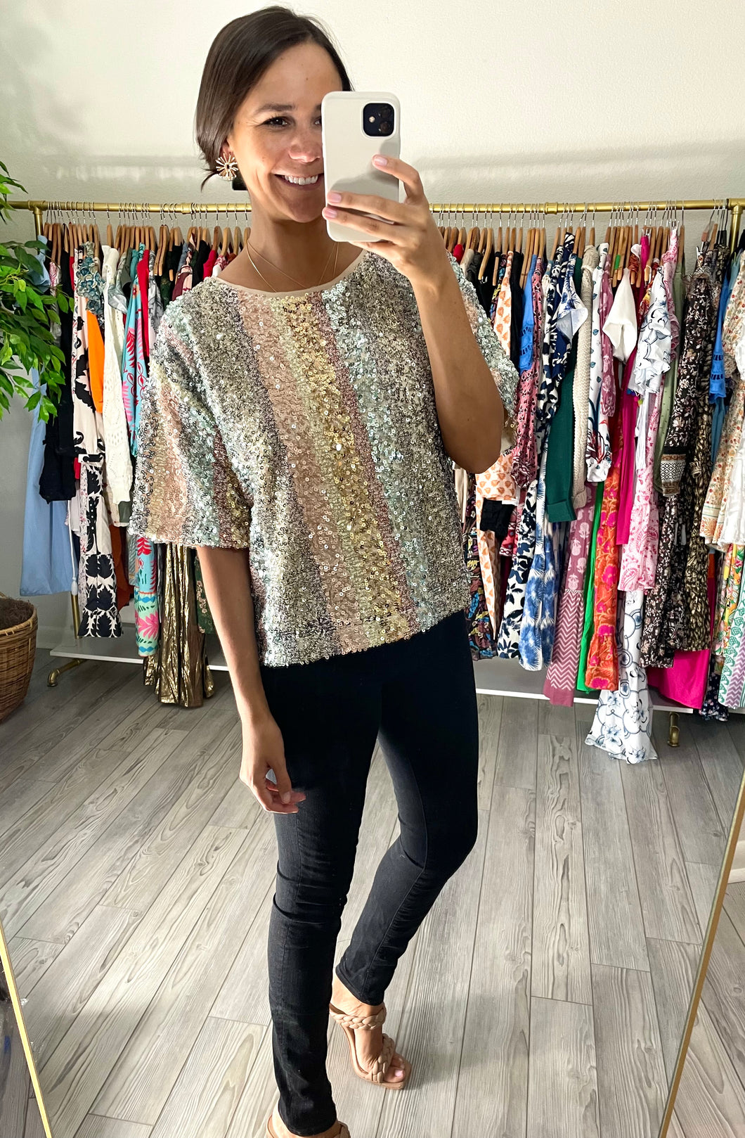 Champagne multi colored sequin blouse. Double lined. Boxy, loose, crop fit.  True to size, wearing size small.
