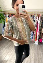 Load image into Gallery viewer, Champagne multi colored sequin blouse. Double lined. Boxy, loose, crop fit.  True to size, wearing size small.

