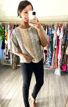 Load image into Gallery viewer, Champagne multi colored sequin blouse. Double lined. Boxy, loose, crop fit.  True to size, wearing size small.
