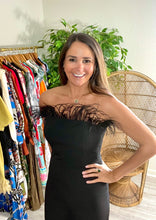 Load image into Gallery viewer, Jumpsuit with feather detailing on neckline. Back zipper closure, stretch in fabric.   If between sizes, size up, wearing size small.
