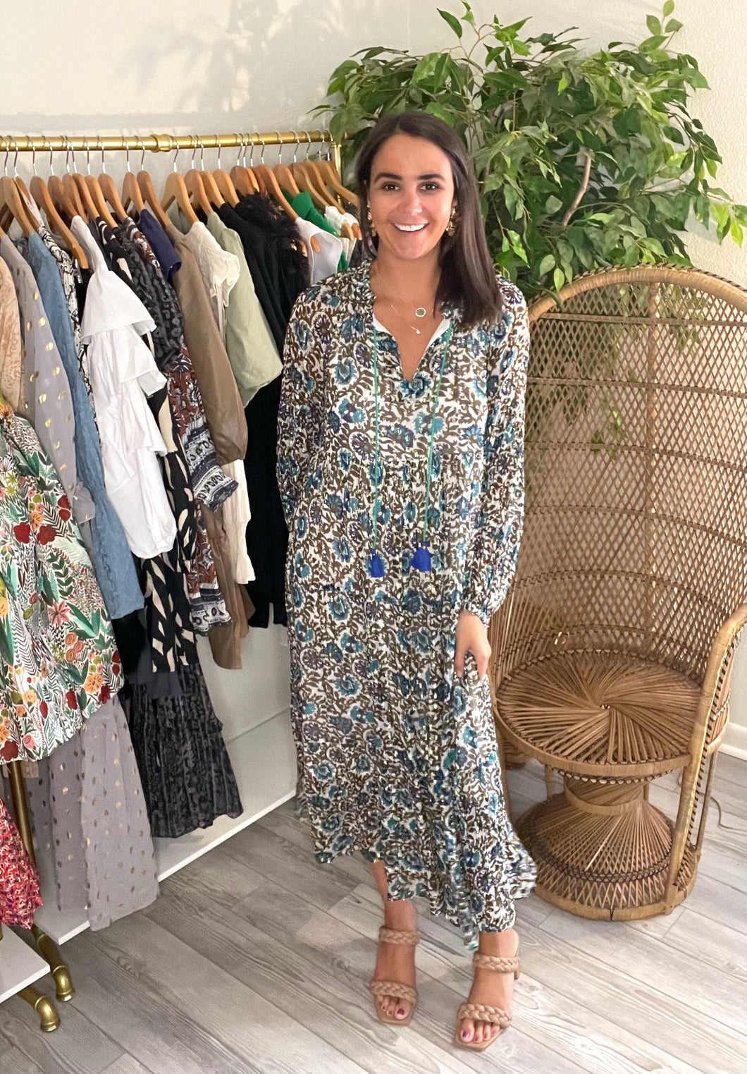Napa midi dress with balloon sleeves. Silk cotton blend with gold foil detailing, double lined with sheer sleeves. Front tie tassel closure and ruffle neckline.  True to size, fits roomy. Wearing size x-small.