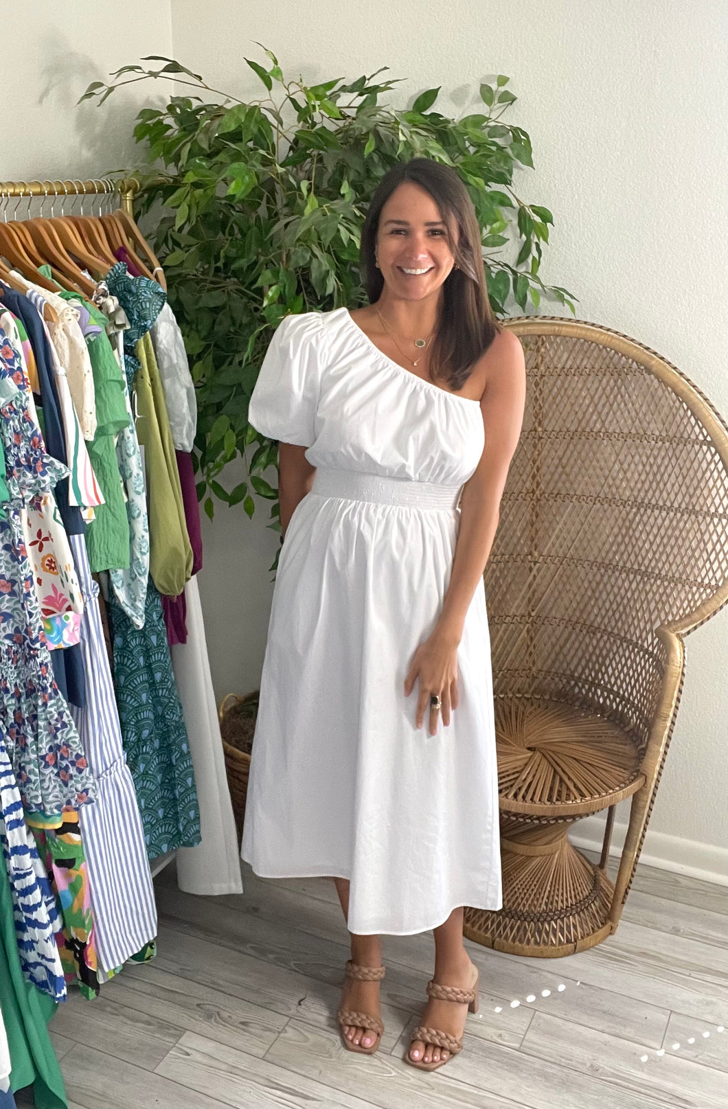 Bridgette one shoulder midi dress. Empire waist, balloon sleeve, sleek straight skirt with pockets. Light weight cotton poplin and double lined.  True to size, wearing size x-small.