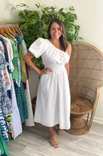 Load image into Gallery viewer, Bridgette one shoulder midi dress. Empire waist, balloon sleeve, sleek straight skirt with pockets. Light weight cotton poplin and double lined.  True to size, wearing size x-small.
