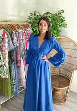 Load image into Gallery viewer, Royal blue maxi dress with pockets, exaggerated sleeves, elastic waist with adjustable drawstring tie at waist. Polyester silk blend.  True to size, wearing size small.  Good for bump, post bump or no bump!
