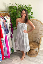Load image into Gallery viewer, Nautical dark gray and white striped midi. Tank dress with squared off neckline, drop waist and tiered hemline. Backside elastic and adjustable straps. Light weight cotton and lined.  If bustier, size up, wearing size small.  Good for bump, post bump or no bump!  Model&#39;s True to Size

