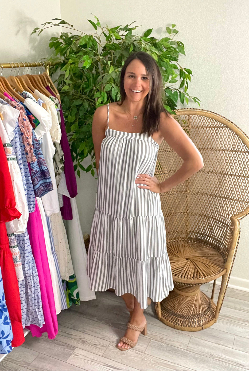 Nautical dark gray and white striped midi. Tank dress with squared off neckline, drop waist and tiered hemline. Backside elastic and adjustable straps. Light weight cotton and lined.  If bustier, size up, wearing size small.  Good for bump, post bump or no bump!  Model's True to Size