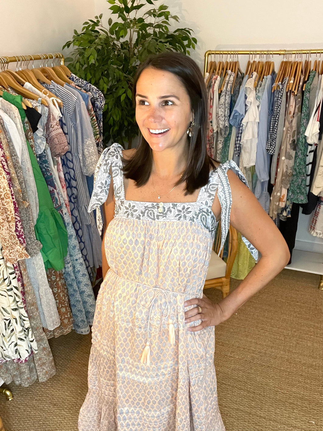 Cassandra midi dress in scallop block print.  True to size, fits roomy. Wearing size small.  Good for bump, post bump and no bump!