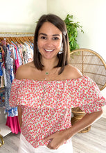 Load image into Gallery viewer, Off shoulder floral blouse with puff sleeves and flounce ruffle neckline. Elastic at shoulders. Does not cover rear. Light weight cotton poplin.  True to size, wearing size small.
