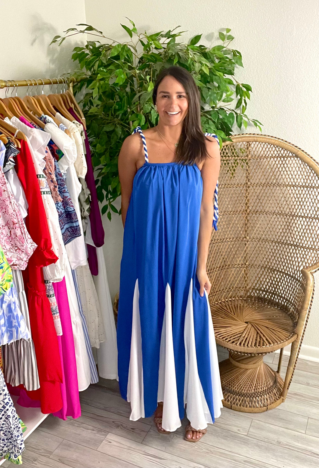 Blue and white nautical maxi dress with blue and white roped tie straps. Straps are true tie for adjustable straps. Poly silk blend.  True to size, wearing size small.  Good for bump, post bump or no bump!  Model's True to Size