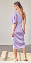 Load image into Gallery viewer, Lavender one shoulder silk cocktail dress. Faux wrap and size zipper closure. Silk blend.  Runs small, size up, wearing size medium.

