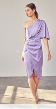 Load image into Gallery viewer, Lavender one shoulder silk cocktail dress. Faux wrap and size zipper closure. Silk blend.  Runs small, size up, wearing size medium.

