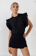 Load image into Gallery viewer, Black blouse with pleated sleeves. Back zipper closure. Cotton poplin blend.  True to size, wearing size x-small.   
