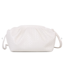 Load image into Gallery viewer, White woven clutch with removable strap for cross body. Magnetic bar closure.  Size: 11.8&quot; {actual inside, 8.9&quot;} x 6.3&quot; x 4.7&quot;
