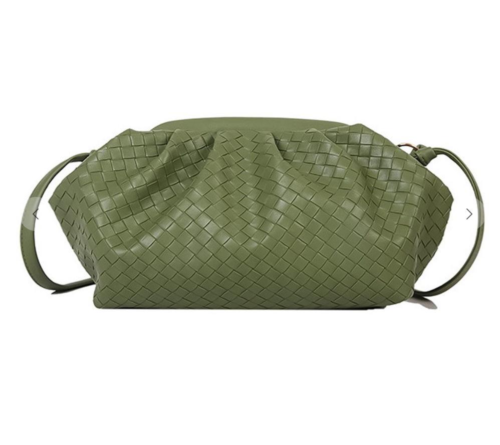 Olive woven clutch with removable strap for cross body. Magnetic bar closure.  Size: 11.8