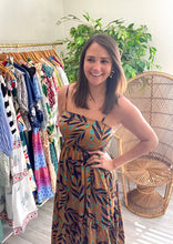 Load image into Gallery viewer, Silk ankle dress with tiered skirt with a modern peacock feather print. Pockets, adjustable straps and smocked backside for adjustable fit.  Size up for chest, wearing size small.  Good for bump, post bump or no bump!
