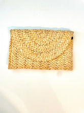 Load image into Gallery viewer, Natural woven straw clutch. Metal clasp button closure.  9.84 x 6.69 inches. Iphone fits with room.
