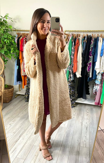 Faux shearling oversized coat. Teddy neckline and knee length. Extremely soft.  True to size, wearing size small.