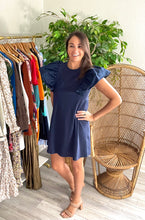 Load image into Gallery viewer, Navy t-shirt dress with dramatic flounced poplin cotton sleeves.   True to size, wearing size small. 5&#39;5 - size up for length.
