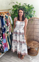 Load image into Gallery viewer, Kiawah printed ankle dress with tie straps and button front. Back zipper closure. Light weight cotton and double lined.  Size up, wearing size small. Always an XS in this brand.
