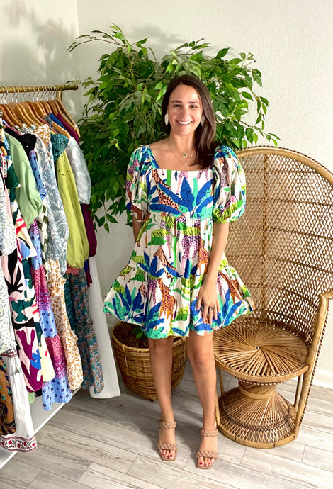 Jungle tropical print Kruger mini dress. Bubble skirt, bubble sleeves and square neckline. Light weight cotton poplin blend.  True to size, wearing size x-small.